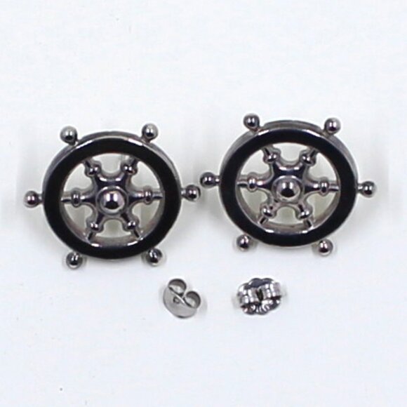 Unbranded Silver Tone Nautical Ship's Wheel Push Back Pierced Earrings - Picture 2 of 11